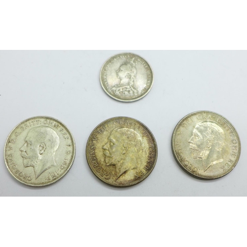 920 - Two 1935 florins, a 1916 florin and an 1887 shilling