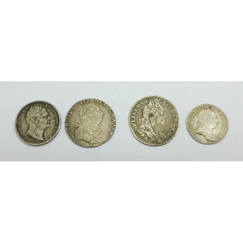 923 - Four coins; a 1787 sixpence, a 1762 threepence, an 1831 sixpence, a/f, and a William III 1696 sixpen... 