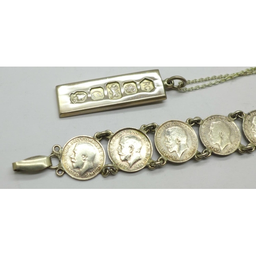 931 - A silver 3d coin bracelet, (all but one pre 1920), a silver ingot pendant and chain, and a pair of s... 