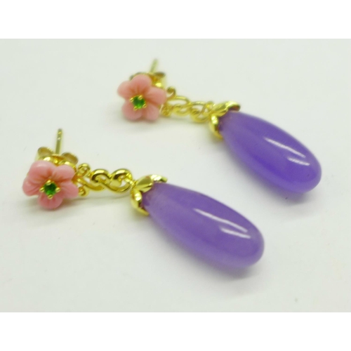 951 - A pair of silver gilt, purple jade, pink mother of pearl and Russian diopside earrings