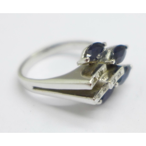 957 - An 18ct white gold, sapphire and diamond Art Deco style ring, faint 18k mark, 5.8g, N