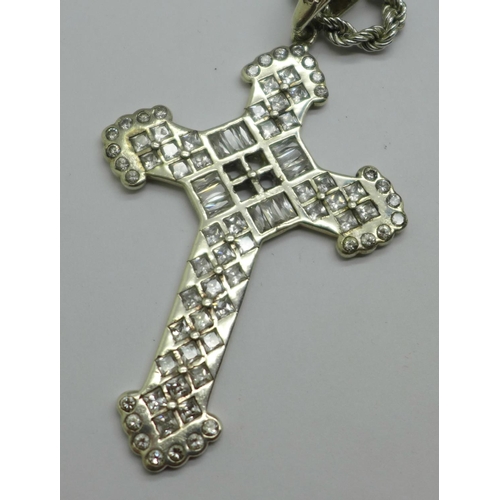 966 - A large silver cross pendant and chain, 44g, cross 50mm x 75mm