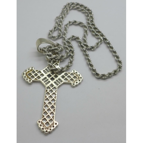 966 - A large silver cross pendant and chain, 44g, cross 50mm x 75mm