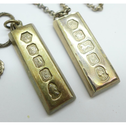 984 - Two silver ingot pendants, one on a silver neck chain, and one on a silver bracelet, 75g