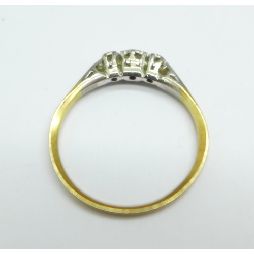 987 - A yellow and white metal set ring, lacking one small diamond, shank worn, 1.6g, N