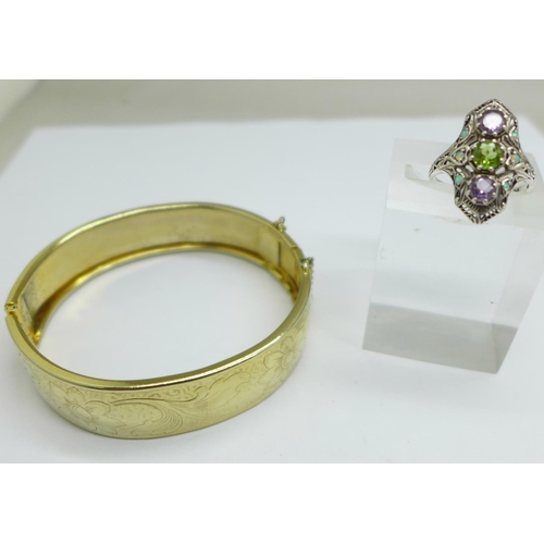 995 - A 925 silver stone set ring, N, and a plated bangle