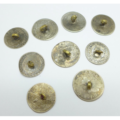 997 - Nine continental silver coins made into buttons