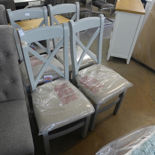 1473 - A set of four Suffolk grey painted oak crossback chairs with fabric seat (TT-CBCF-G) (Ref 40)  *This... 