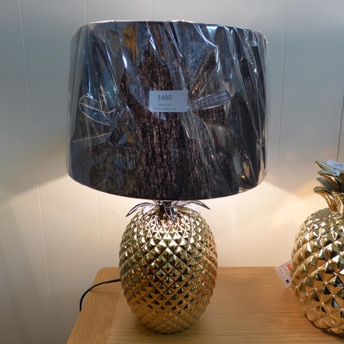 1556 - A gold ceramic pineapple table lamp with black shade (30393C19)   #