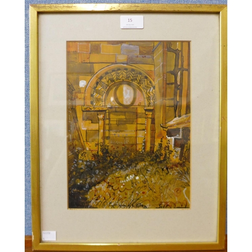 15 - British School (20th Century), architectural archway, mixed media, 28 x 20cms, framed