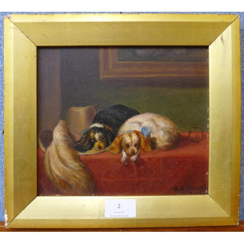 2 - H.A. Clough, study of two King Charles spaniels, oil on board, 19 x 22cms, framed