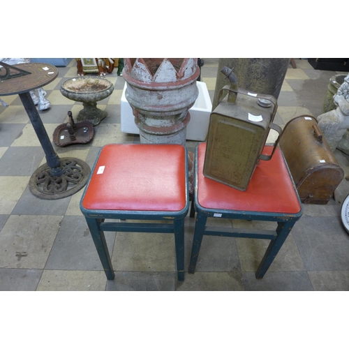 326 - A pair of painted stools and a fuel can