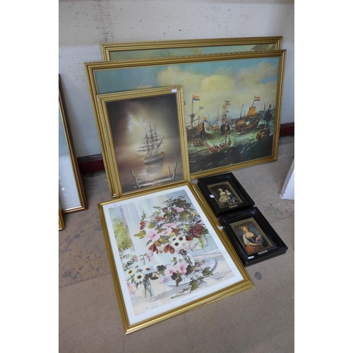 351 - C. Edwards, marine scene, oil on canvas, two naval battle prints and four others