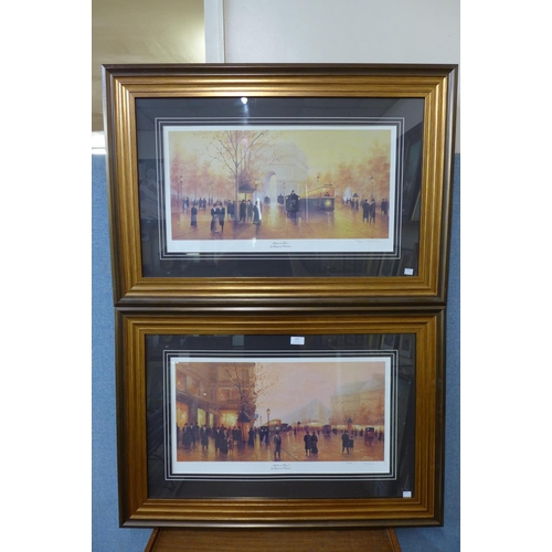 352 - A pair of signed limited edition Raymond Gilronan prints, Parisian street scenes, framed