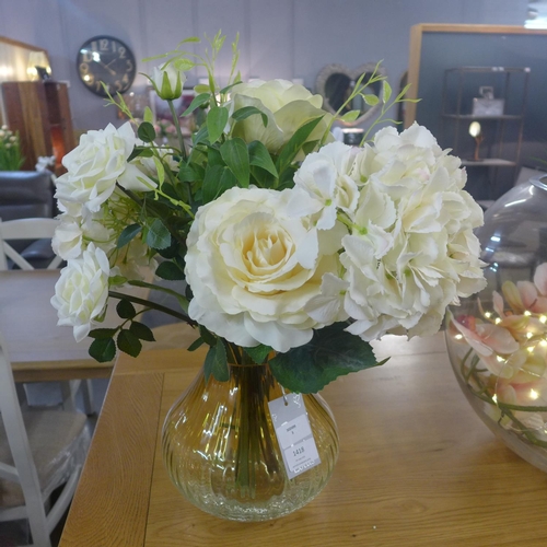 1572 - A cream rose and hydrangea arrangement in a glass vase (50137822)   #