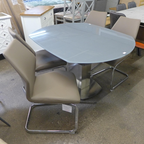 1605 - A glass extending dining table and four latte chairs - damaged table mechanism