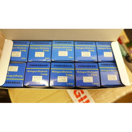 2407 - 2 Boxes containing a quantity of 304 Power Beam 12w MR16 halogen lamps comprising 41 x 12v 20w 36deg... 