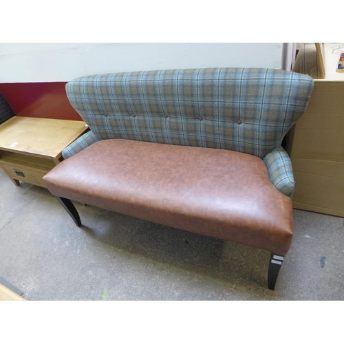 1585 - A brown leather and tweed bench