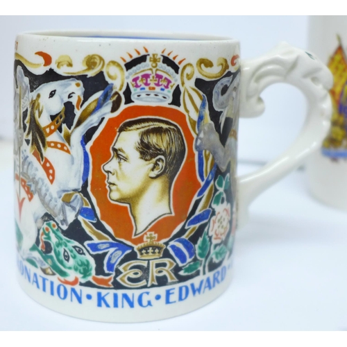 706 - A King Edward VIII coronation mug, designed by Laura Knight, other commemorative mugs, a blue marble... 