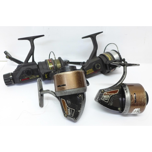 Four fishing reels:- two Shakespeare Match International closed