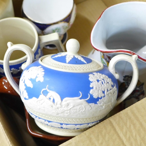 721 - A Copeland Spode blue Jasper jug and twin handled sugar basin, a transfer printed jug, a/f, a Royal ... 