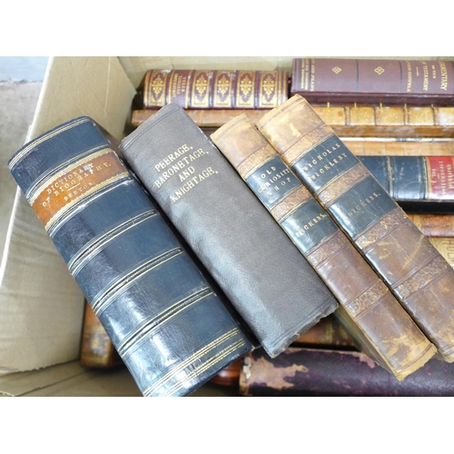 762 - A box of antiquarian books including Beetons Dictionary of Biography, two early Dickens novels, Peer... 