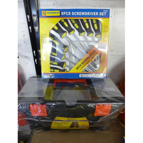 2119b - Marksman 9 Piece screwdriver set and 3 piece toolbox set - packaged and unused