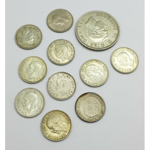 1002 - A 1937 crown and ten one-shilling coins, 85g