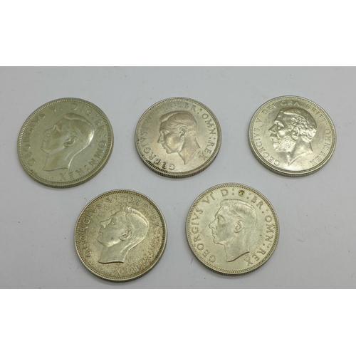 1004 - A 1938 half crown and four florins/two-shillings, fine condition