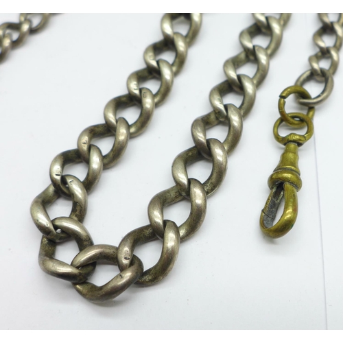 1005 - A silver Albert chain with silver fob, (base metal clip), 63g