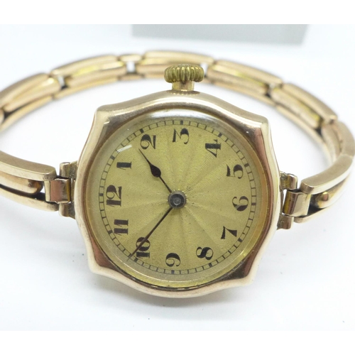 1010 - A lady's Art Deco Rolex watch, movement and case stamped Rolex, 9ct gold case and strap, 22.3g gross... 