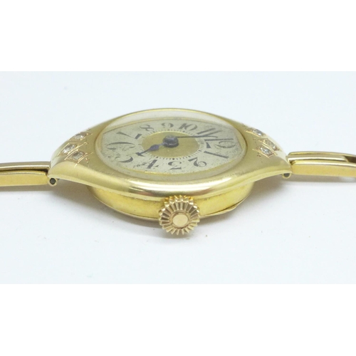 1016 - A lady's 14ct gold and diamond Art Deco wristwatch, 19g gross weight, case dented