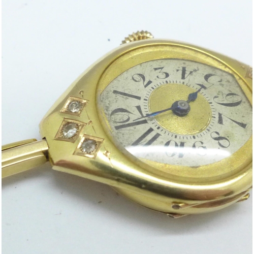 1016 - A lady's 14ct gold and diamond Art Deco wristwatch, 19g gross weight, case dented