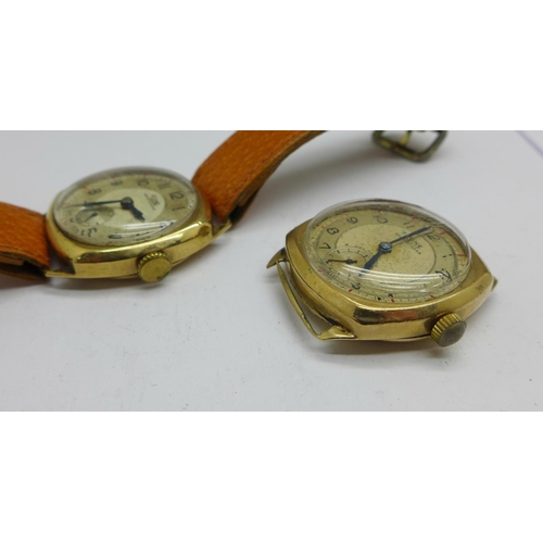 1023 - Two 9ct gold Rone Sportsmans wristwatches, (one a/f, lugs)