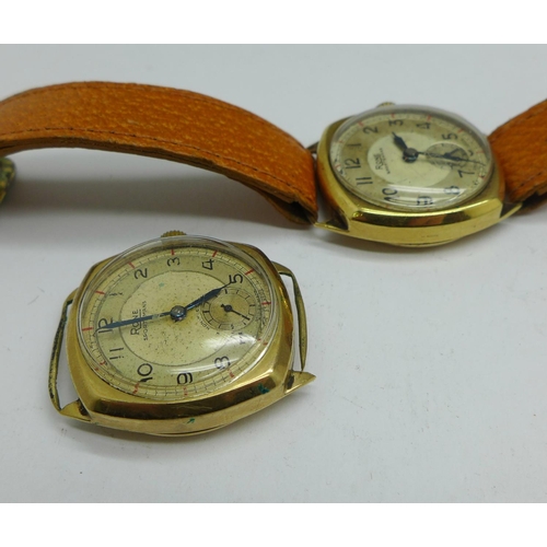 1023 - Two 9ct gold Rone Sportsmans wristwatches, (one a/f, lugs)