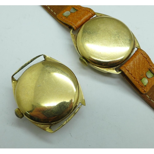 1023 - Two 9ct gold Rone Sportsmans wristwatches, (one a/f, lugs)