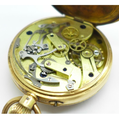 1033 - A 14ct gold, 30 minute stop-watch pocket watch, metal inner case cover, 45mm case, total weight 73.6... 