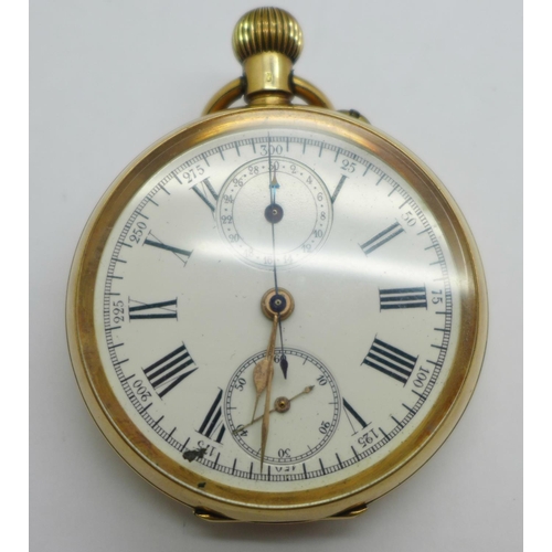 1033 - A 14ct gold, 30 minute stop-watch pocket watch, metal inner case cover, 45mm case, total weight 73.6... 