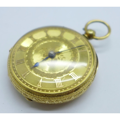 1034 - An 18ct gold cased pocket watch, with old cut diamond endstone, the case hallmarked London 1876, the... 