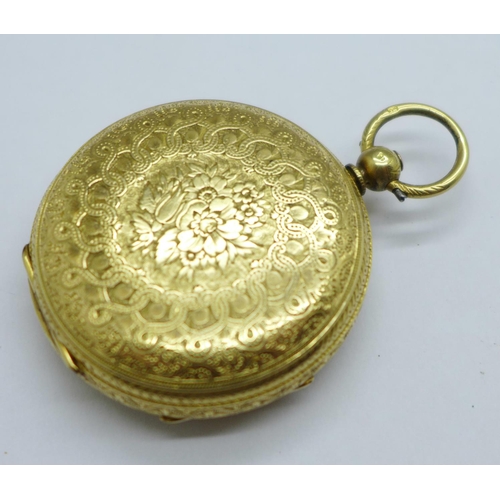 1034 - An 18ct gold cased pocket watch, with old cut diamond endstone, the case hallmarked London 1876, the... 