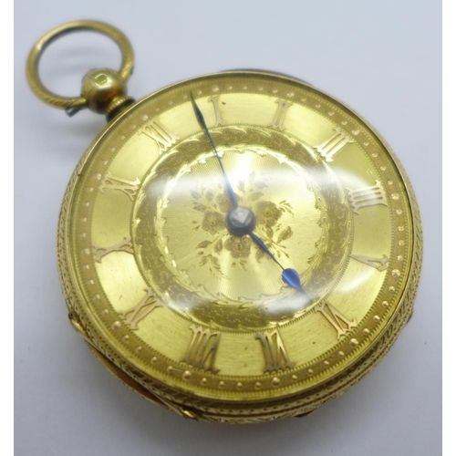 1034 - An 18ct gold cased pocket watch, with old cut diamond endstone, the case hallmarked London 1876, the... 