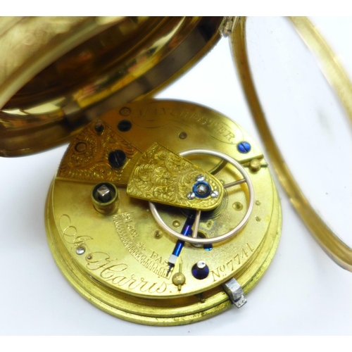 1034 - An 18ct gold cased pocket watch, with old cut diamond endstone, the case hallmarked London 1876, the... 