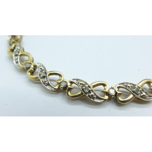 1054 - A 9ct gold and diamond bracelet, 8.9g, a/f