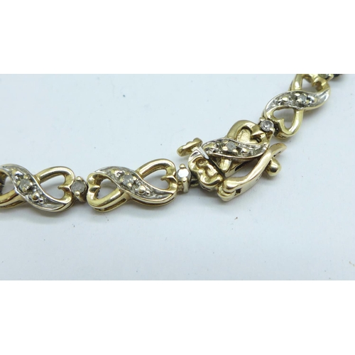 1054 - A 9ct gold and diamond bracelet, 8.9g, a/f