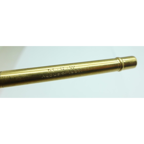 1063 - A 9ct gold propelling pencil, with inscription, marked Mordan Everite, 15.3g