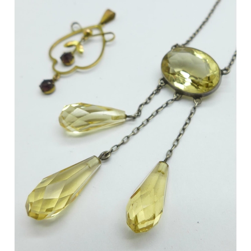 1065 - A 9ct gold pendant, 1.0g and a citrine set necklet