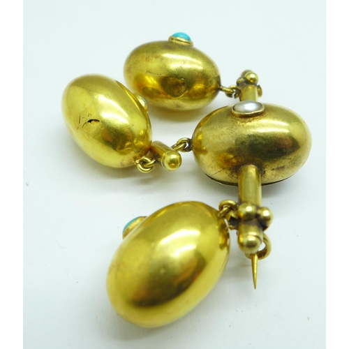 1068 - A yellow metal, blister pearl and turquoise set brooch, 8.9g