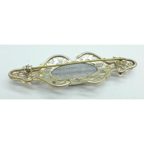 1077 - A silver and Blue John ornate brooch, 6cm