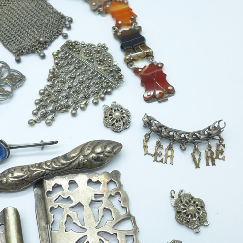 1089 - Silver, white metal and plated jewellery, a silver napkin ring, silver button hooks, etc.