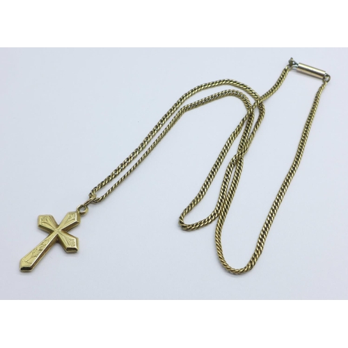 1094 - A yellow metal chain with cross pendant, 11.2g, (cross a/f)